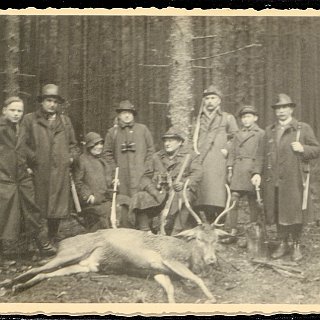 Bild0442 195x?. Jagdfoto mit Hirsch. ganz rechts August Krieger (1877-1957)