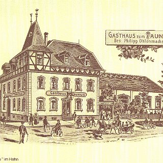 Kalenderbild VR-Bank Untertaunus 1983 Gasthaus "Der Taunus" in Hahn Radierung (abgebildet im VR-Bank Kalender 1983)