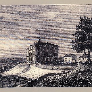 Bild1742 Eine Radierung des Herzoglich-naussauichen Jagdschlosses Platte erbaut 1822/24 zerstört im 2. Weltkrieg.